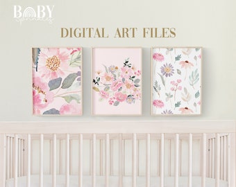 PINK FLORAL Girl Nursery Wall Art, Set of 3 Digital Files, Floral Nursery Wall Decor, Pink Floral Girl Nursery Decor, Girl Wall Art