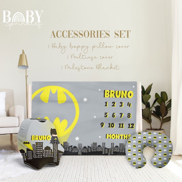 Superhero Baby Accessories Set: Milestone Blanket, Nursing Pillow Cover