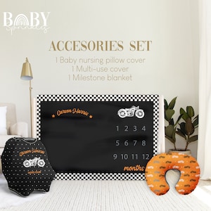 Motorcycle Baby Accessories Set: Milestone Blanket, Nursing Pillow Cover