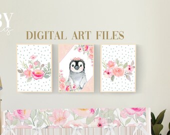 Floral Penguin Nursery Art Prints, Set of 3 (Digital Files)