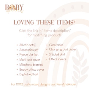 Op de afbeelding: Een afbeelding met de tekst "LOVING THESE ITEMS?" en een lijst met babyartikelen, waaronder wiegsets, accessoires, dekens en meer. De tekst "Click the link in "Items description" for matching products:" is ook inbegrepen. De afbeelding heeft een lichtroze achtergrond met een bruin en wit abstract ontwerp.