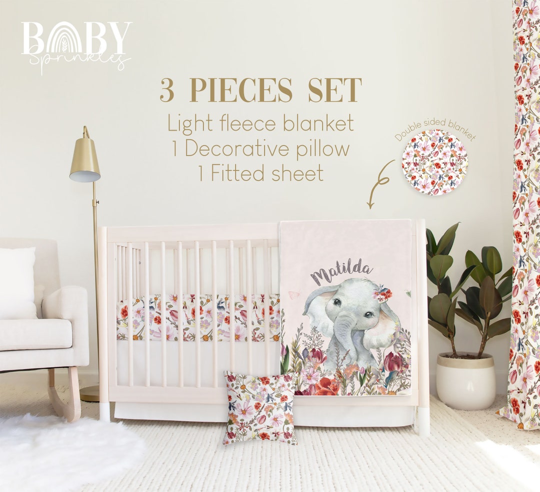 PURPLE FLORAL ELEPHANT Crib Bedding Set, Elephant Baby Crib Bedding, Floral Baby Nursery