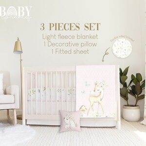 Deer Floral Baby Crib Bedding Set: Fleece Blanket, Fitted Sheet