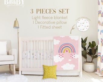 Juego de ropa de cama para cuna Rainbow: manta polar, sábana ajustable y almohada
