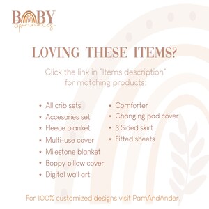 May include: A graphic with the text "LOVING THESE ITEMS?" and a list of baby items, including crib sets, accessories, blankets, and more. The text "Click the link in "Items description" for matching products:" is also included. The graphic has a light pink background with a brown and white abstract design.