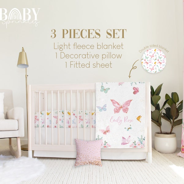 BUTTERFLY NURSERY Crib Bedding Set, Flowers Baby Crib Bedding, Pink Baby Nursery, Personalized Baby Blanket, Baby Girl Nursery
