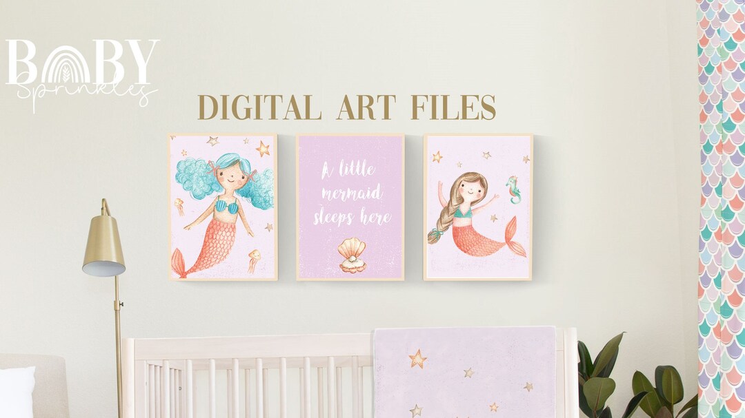 CORAL MERMAID Girly Nursery Wall Art, Set of 3 Digital Files, Mermaid ...