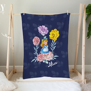 ALICE IN WONDERLAND Baby Blanket, Blue navy Baby Crib Blanket, Wonderland Nursery, Floral Nursery, Personalized Baby Blanket