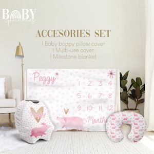 HEART PIG Accessories Set, Heart Baby Milestone Blanket, Pig Baby Blanket, Girl Blanket, Personalized Baby Accesories