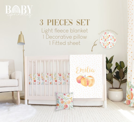 Peach Floral Girl Nursery Crib Bedding Set: Fleece Blanket