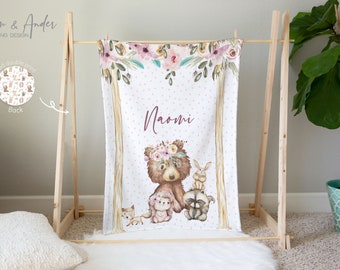 Woodland Animals Blanket: Baby Blanket, Toddler Blanket, Personalized baby Blanket, Floral Woodland Baby Blanket, Baby Shower Gift