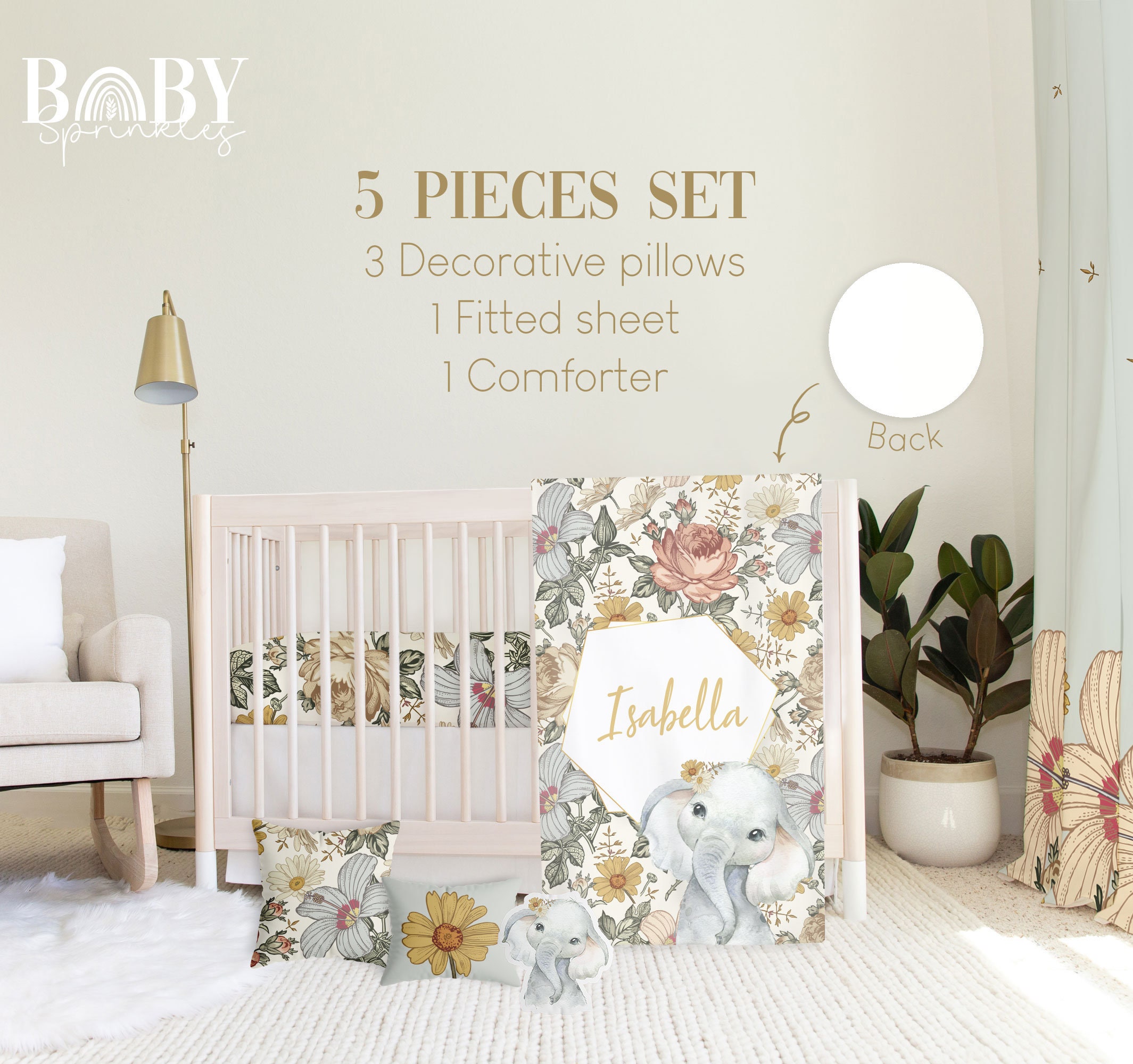 VINTAGE FLORAL ELEPHANT Crib Bedding Set Elephant Baby Crib Bedding Floral Baby Nursery Personalized Baby Blanket Elephant Baby Nursery Etsy