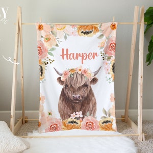 HIGHLAND COW Manta para bebés, Manta de cuna para niñas, Guardería de granja, Guardería para niñas, Manta personalizada para bebés