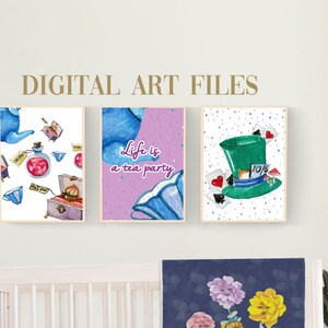 ALICE IN WONDERLAND Wall Art, Set of 3 Digital Files, Magic Nursery Wall Decor, Wonderland Nursery Decor, Girl Wall Art