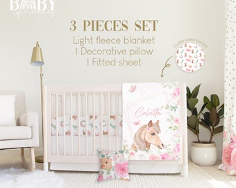 Horse Nursery Crib Bedding Set: Fleece Blanket, Fitted Sheet, Pillow