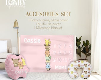 Poke Animals Baby Accessories Set: Milestone Blanket, Pillow Cover