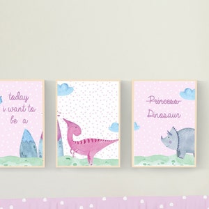 DINOSAUR GIRL Nursery Wall Art, Set of 3 Digital Files, Dinosaur Nursery Wall Decor,Dino Girl Nursery Decor, Girl Wall Art
