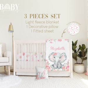 ELEPHANT Baby Bedding Set, Baby Girl Crib Bedding Set, Pink Floral Crib Bedding, Crib sheet Girl, Floral Elephant Nursery, Baby Bedding