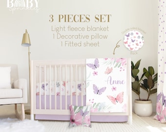 Butterfly Floral Crib Bedding Set: Fleece Blanket, Fitted Sheet