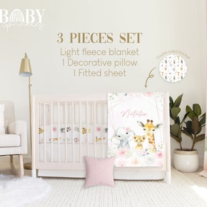 BABY GIRL SAFARI Crib Bedding Set, Baby Girl Crib Bedding, Jungle Nursery, Safari Nursery, Personalized Baby Blanket, Baby Girl nursery