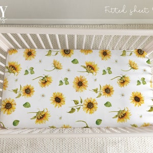 SUNFLOWER Girl Crib Fitted Sheet, Floral Crib Sheet, Yellow Baby Nursery, Floral Girl Nursery, Personalized Baby sheet