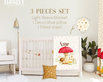Mushroom Baby Crib Bedding Set: Fleece Blanket Pillow