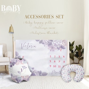 LILAC FLORAL ELEPHANT Accesories Set, Floral Baby Milestone Blanket, Elephant blanket, Baby Elephant Blanket, Personalized Baby Accesories