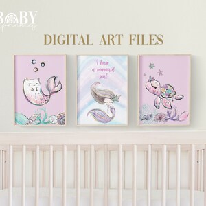 BABY MERMAID Wall Art, Set of 3 Digital Files, Mermaid Nursery Wall Decor, Mermaid Nursery Decor, Girl Wall Art