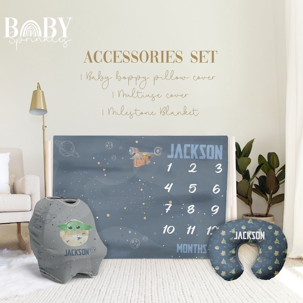 BABY YODA Accesories Set, Star Wars Baby Milestone Blanket, Baby Yoda Blanket, Jedi Boy Blanket, Personalized Baby Boy Accesories