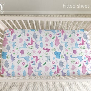 DINOSAUR GIRL Crib Fitted Sheet, Dino Crib Sheet, Dinosaur Baby Nursery, Girl Dinosaur Nursery, Personalized Baby sheet