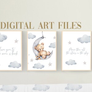 BEAR BABY Wall Art, Set of 3 Digital Files, Bear Nursery Wall Decor, Moon Nursery Decor, Boy Wall Art