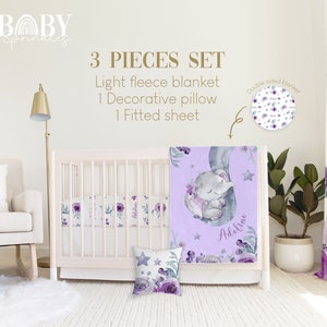 Purple Elephant Nursery Crib Bedding Set: Fleece Blanket & Pillow
