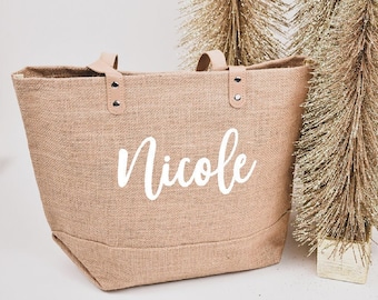 Personalized Tote Bag Jute Beach Bag Market Shopping Bags for Women with Name Christmas Gift Bag for Friends Holiday Gift Ideas