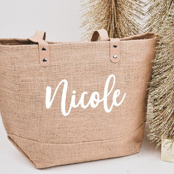 Personalized Tote Bag Jute Beach Bag Market Shopping Bags for Women with Name Christmas Gift Bag for Friends Holiday Gift Ideas