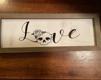 Wood Rustic Love Skull Script Cursive Hanging Door Plaque Home Decor