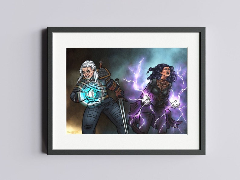 May include: A digital illustration of a man and a woman in a fantasy setting. The man is wearing a dark blue and brown outfit and holding a glowing blue orb in his hand. The woman is wearing a dark purple dress and has purple lightning emanating from her hands. The background is a dark blue and purple.