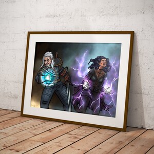 May include: A digital illustration of a man and a woman in a fantasy setting. The man is holding a glowing orb in his right hand and a sword in his left hand. The woman is wearing a dark purple dress and is surrounded by purple lightning. The background is a dark blue and purple sky.