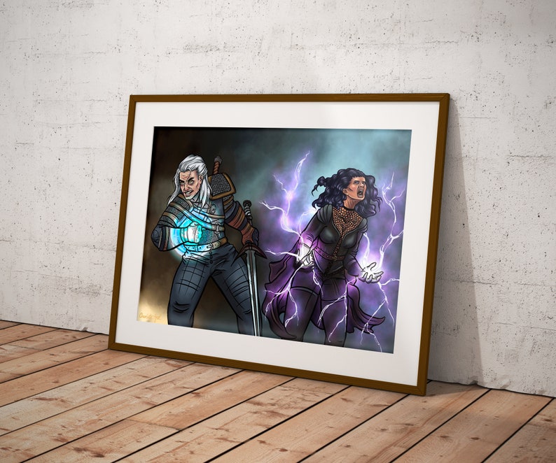 May include: A digital illustration of a man and a woman in a fantasy setting. The man is holding a glowing orb in his right hand and a sword in his left hand. The woman is wearing a dark purple dress and is surrounded by purple lightning. The background is a dark blue and purple sky.