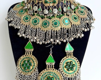 Green Afghan 3 piece vintage jewellery set Afghan jewellery Vintage Kuchi Choker Necklace earrings headpiece Kuchi Jewelry Afghan Jewelry