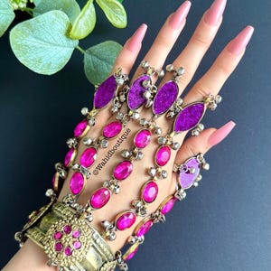 Afghan Handmade pink/purple Bangle Cuff Bracelet With finger Rings Afghan Jewellery afghani Jewelry afghani handpiece jewel Afghan Handpiece