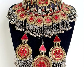 Red Afghan 3 piece vintage jewellery set Afghan jewellery Vintage Kuchi Choker Necklace earrings headpiece Kuchi Jewelry Afghan Jewelry