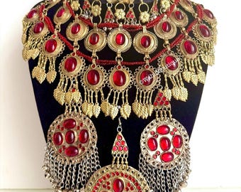 Afghan vintage Red, antique 3 piece kuchi jewellery set,kuchi necklace, Afghan jewellery, Afghan Fashion, Afghan earrings, Afghan necklace