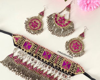 Full Pink/purple Afghan jewellery set, Afghan Jewellery Vintage Kuchi Choker Necklace, Afghan Jewellery, Afghan Fashion