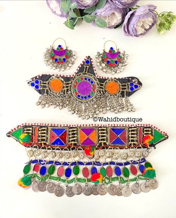 Afghan 3 Piece Vintage Orange and Purple Afghan Jewellery Set