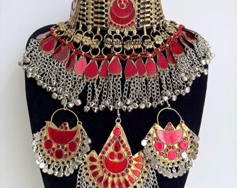 Red Afghan full jewellery set Afghani Jewelry set Afghan Choker Necklace headpiece earrings Kuchi Jewelry afghan jewelry set afghan earring