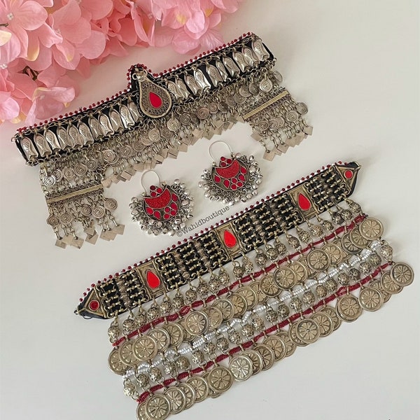 Afghan rot vintage tribal 3 teiliges Schmuckset, afghanischer Schmuck, afghanische Mode, afghanischer Kuchi Schmuck