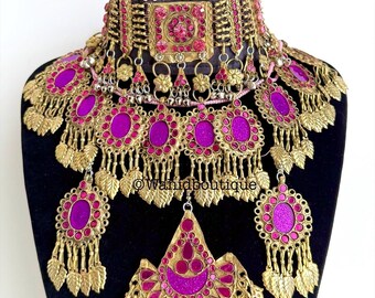 Purple Afghan 3 piece vintage jewellery set Afghan jewellery Vintage Kuchi Choker Necklace earrings headpiece Kuchi Jewelry Afghan Jewelry