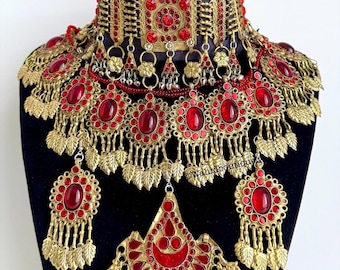Red Kuchi Jewelry Set: Afghan Choker Necklace, Earrings, Tikka