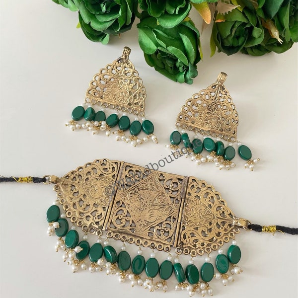 Green Afghan/Pakistani fusion vintage jewellery set, Afghan jewellery, Pakistani jewellery