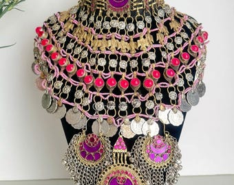 Pink/purple Afghan full jewellery set Afghani Jewelry set Afghan Choker Necklace headpiece Kuchi Jewelry afghan jewelry set afghan earring
